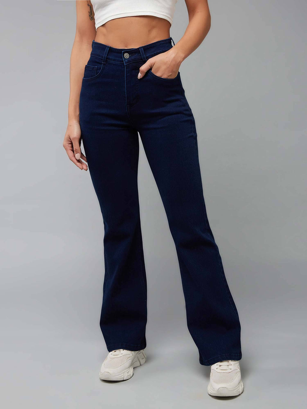Bootcut High Rise Clean Look Stretchable Navy Blue Denim Jeans | BT10 - view 2