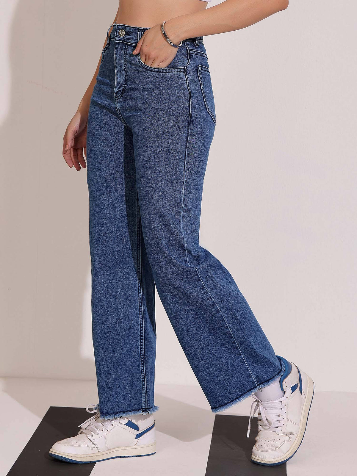 Women's Navy Blue Wide-Leg High Waist Denim Jeans | RF89 - view 2