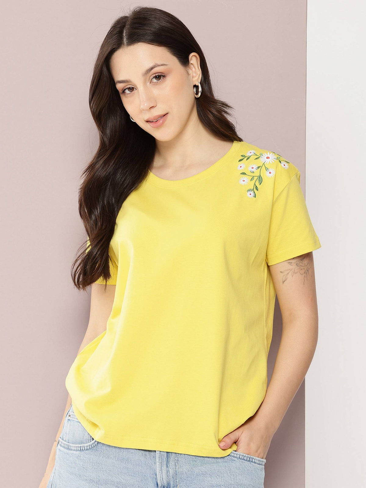 Women Boxy Regular Embroidery Yellow T-Shirt | TS56 - view 1