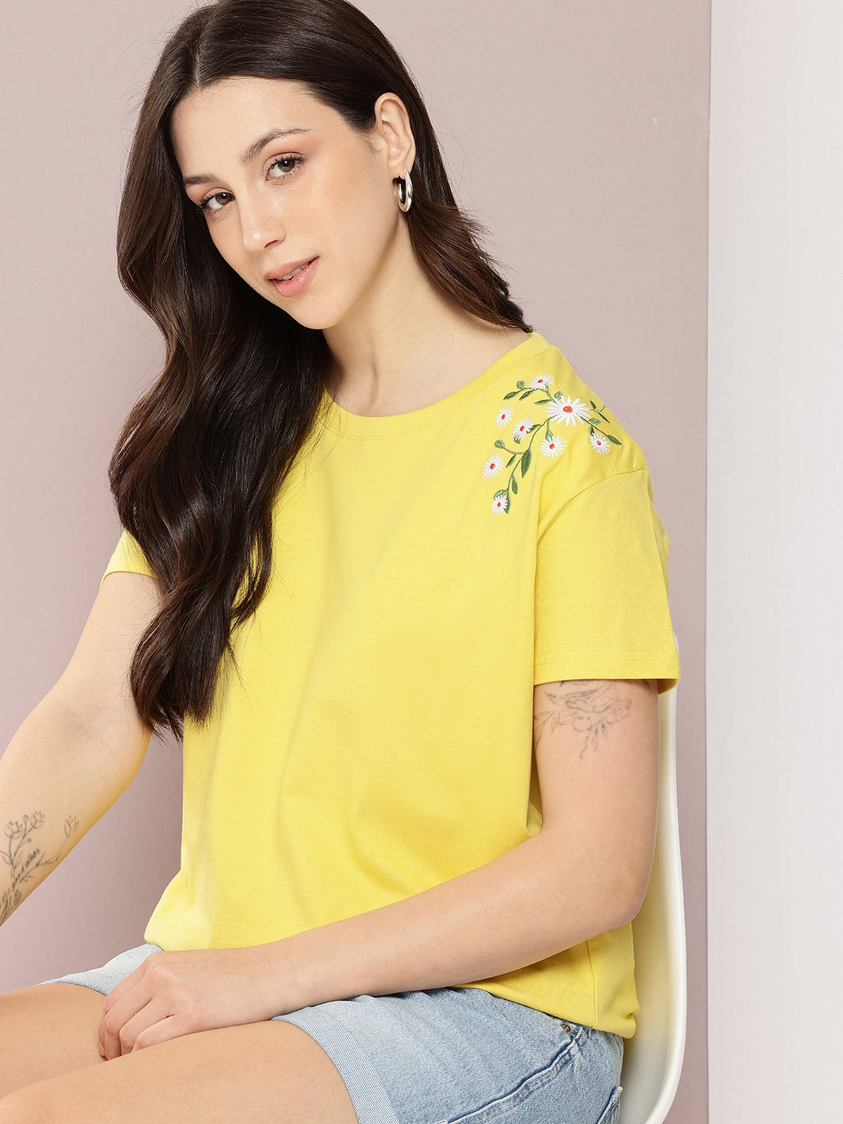 Women Boxy Regular Embroidery Yellow T-Shirt | TS56 - view 3