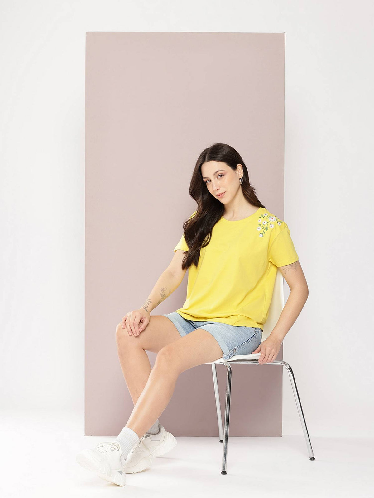 Women Boxy Regular Embroidery Yellow T-Shirt | TS56 - view 5