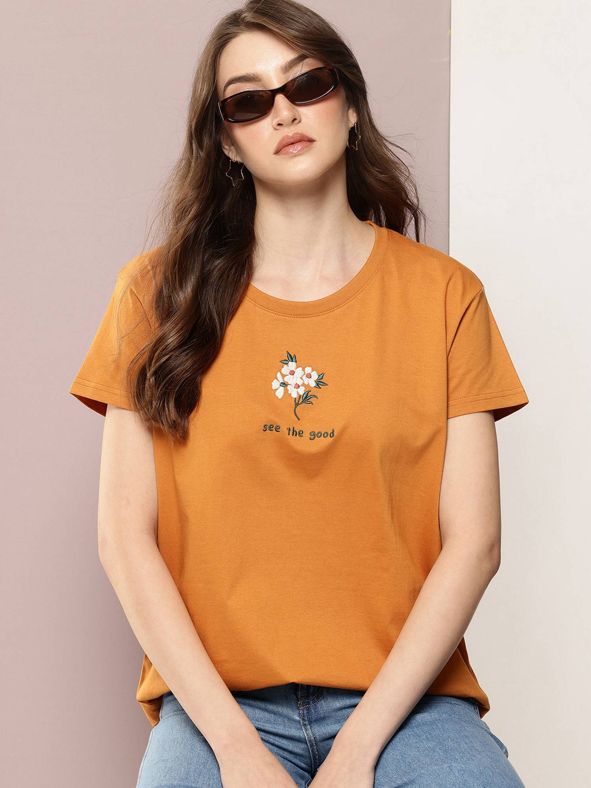 Women Boxy Regular Embroidery Brown T-Shirt | TS56 - view 1