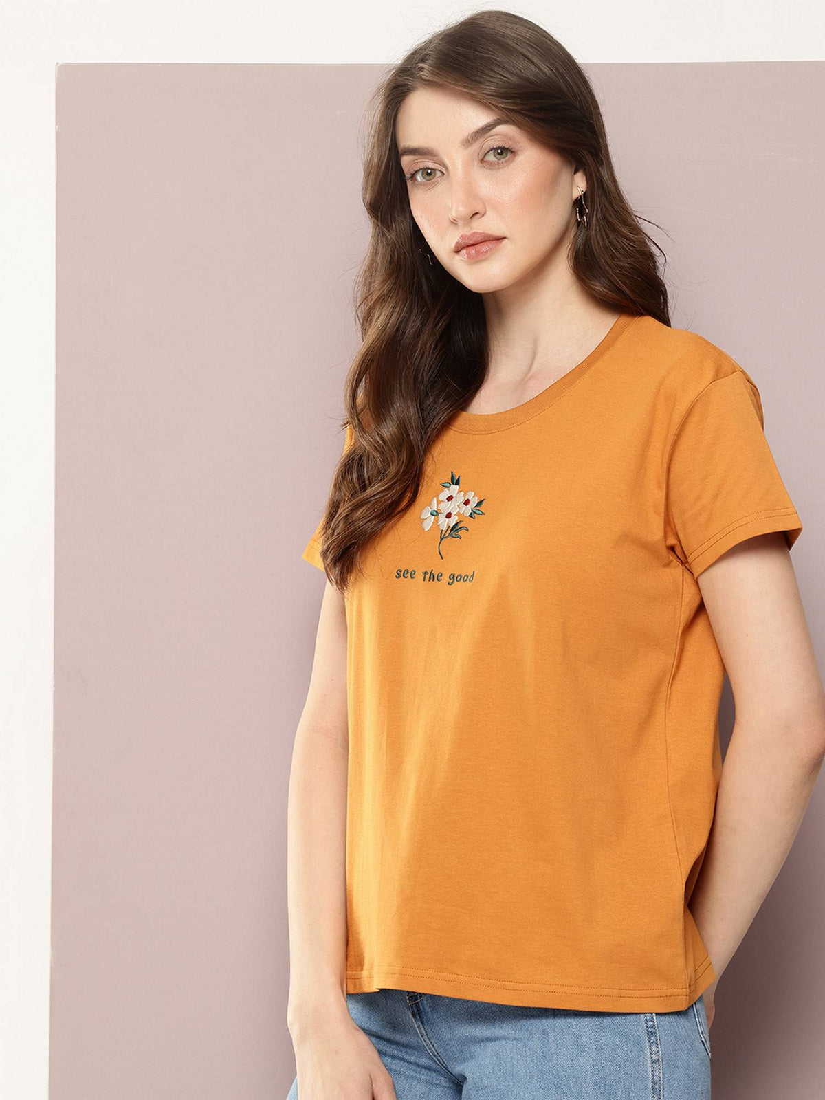 Women Boxy Regular Embroidery Brown T-Shirt | TS56 - view 3