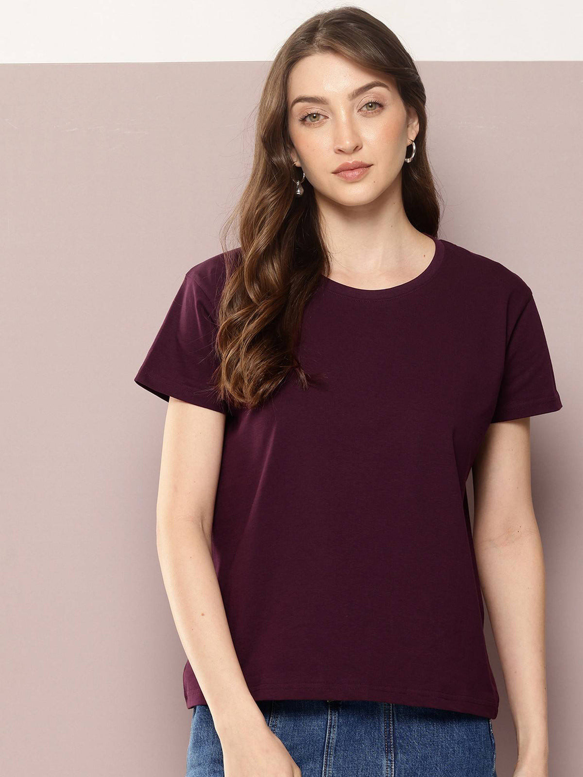 Women Boxy Regular Plain Burgundy T-Shirt | TS56 - view 1