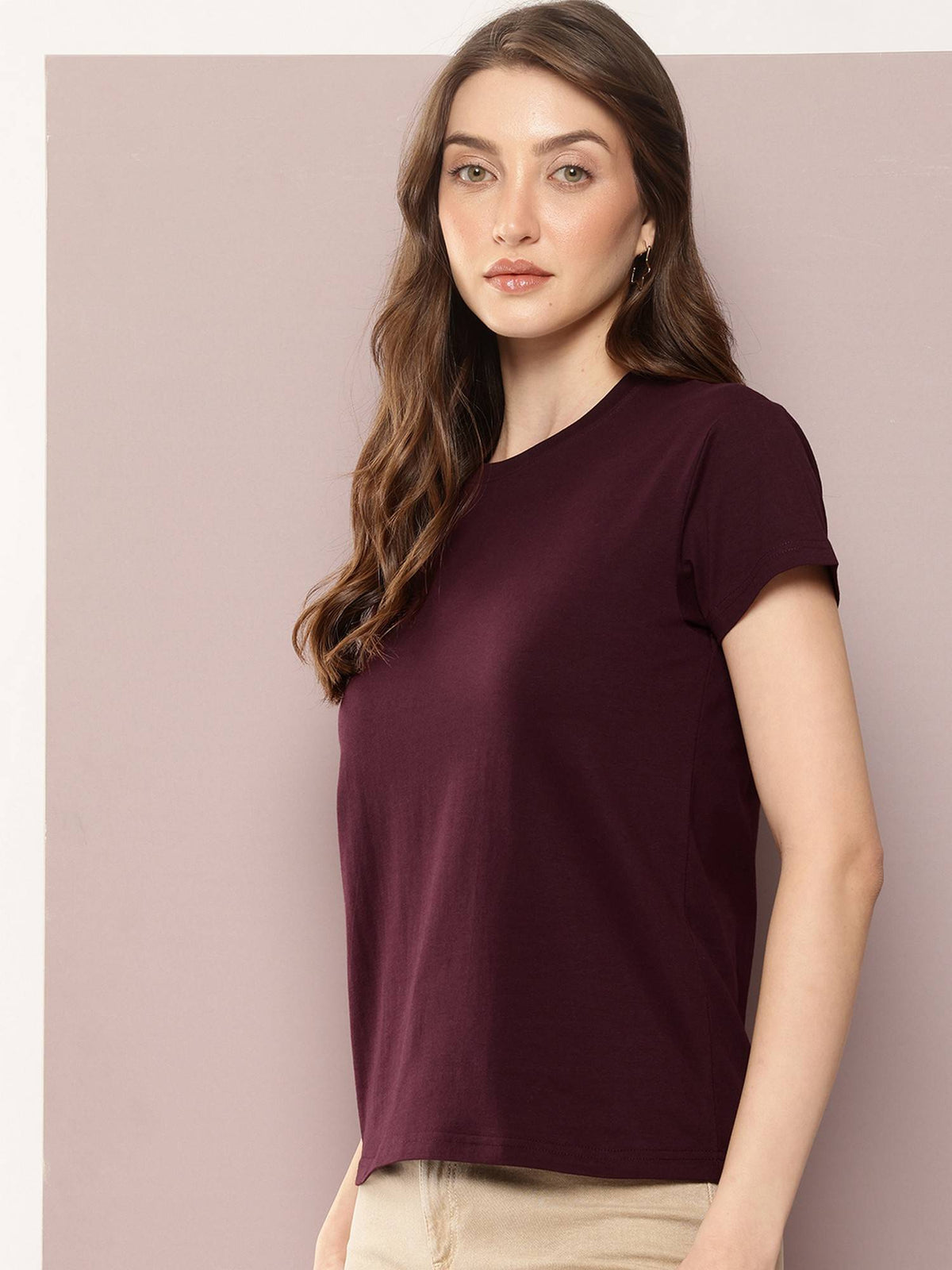 Women Regular Fit Plain Burgundy T-Shirt | TS56 - view 3