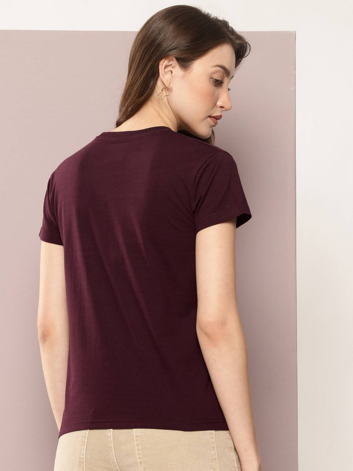 Women Regular Fit Plain Burgundy T-Shirt | TS56 - view 4