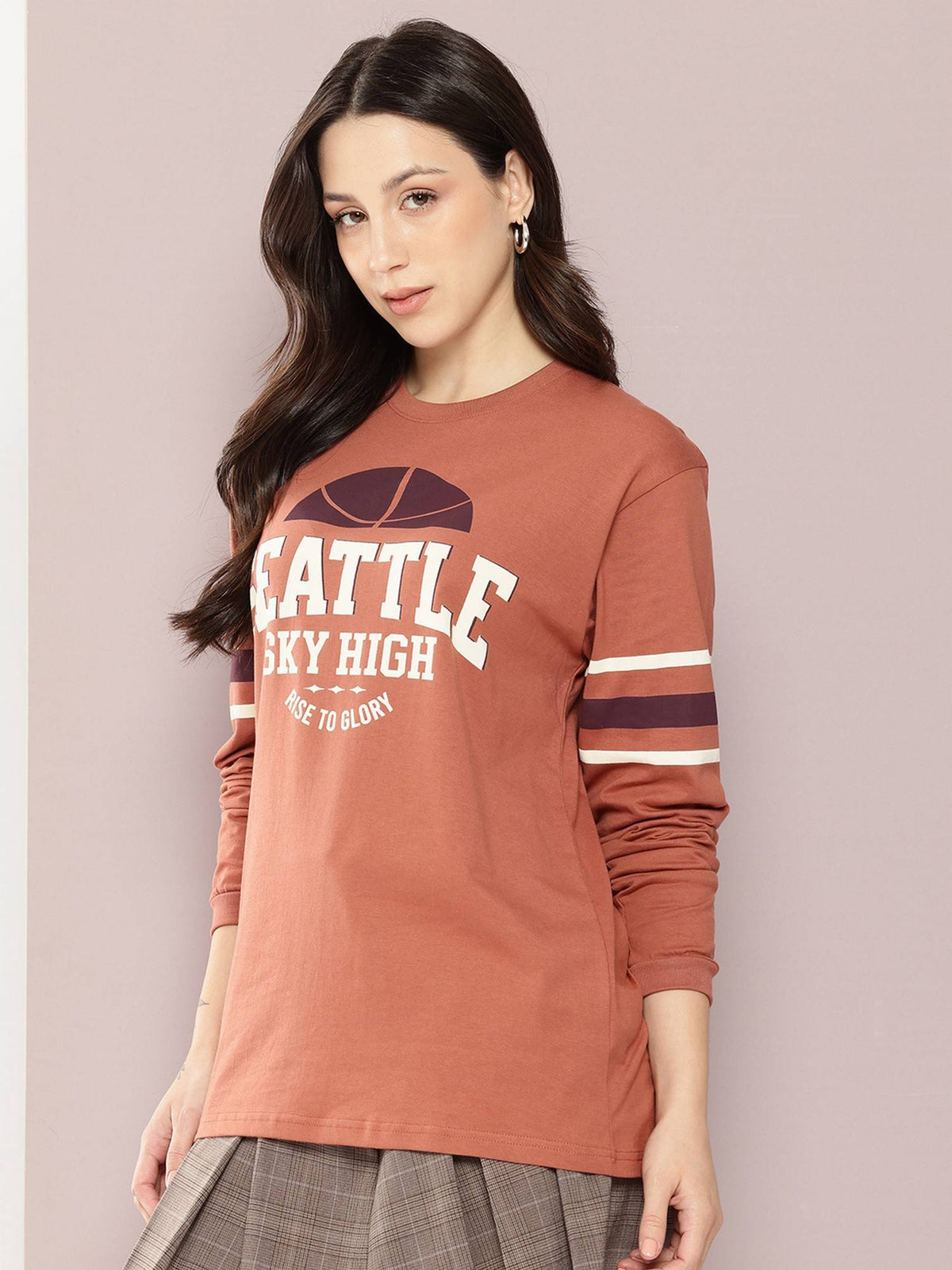 Women Oversized Full Sleeve Typography Brown T-Shirt | PW43 - view 1