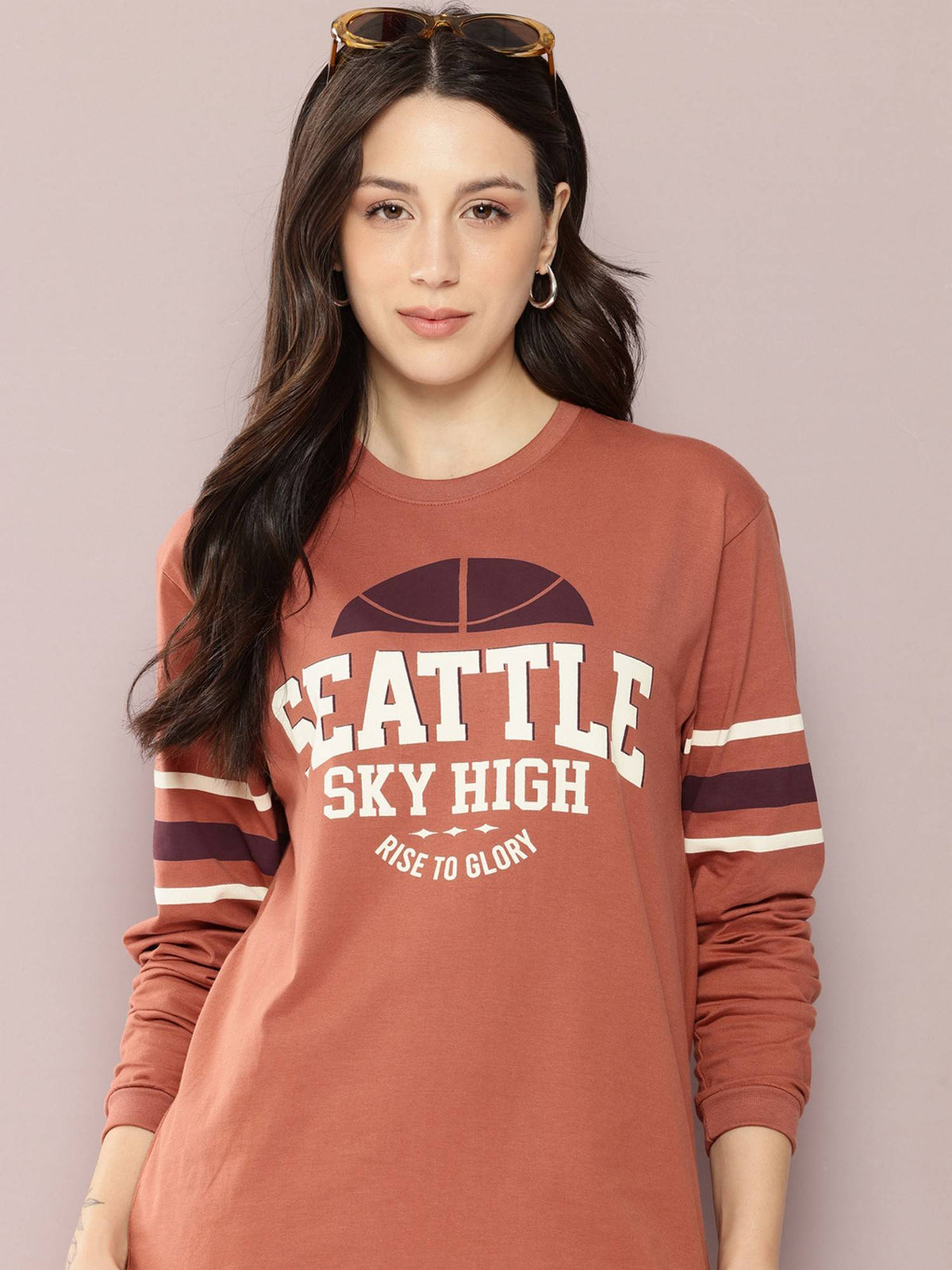 Women Oversized Full Sleeve Typography Brown T-Shirt | PW43 - view 3