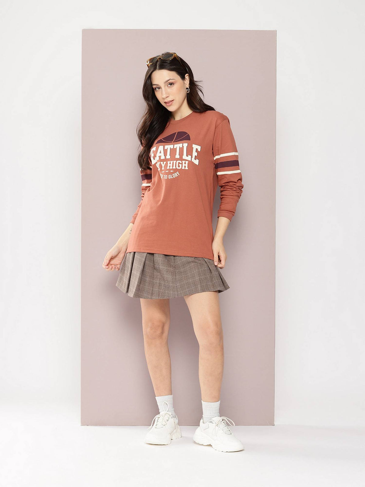 Women Oversized Full Sleeve Typography Brown T-Shirt | PW43 - view 5