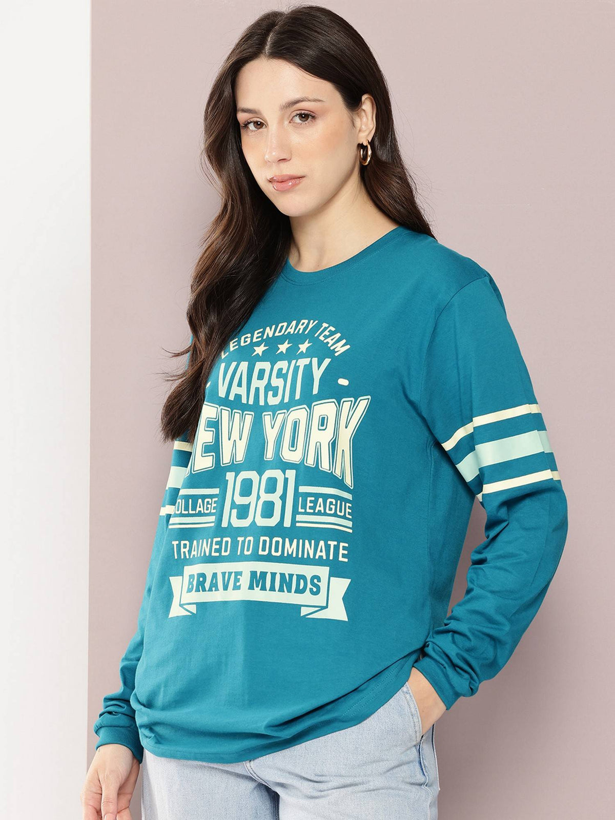 Women Oversized Full Sleeve Typography Brown T-Shirt | PW43 - view 7