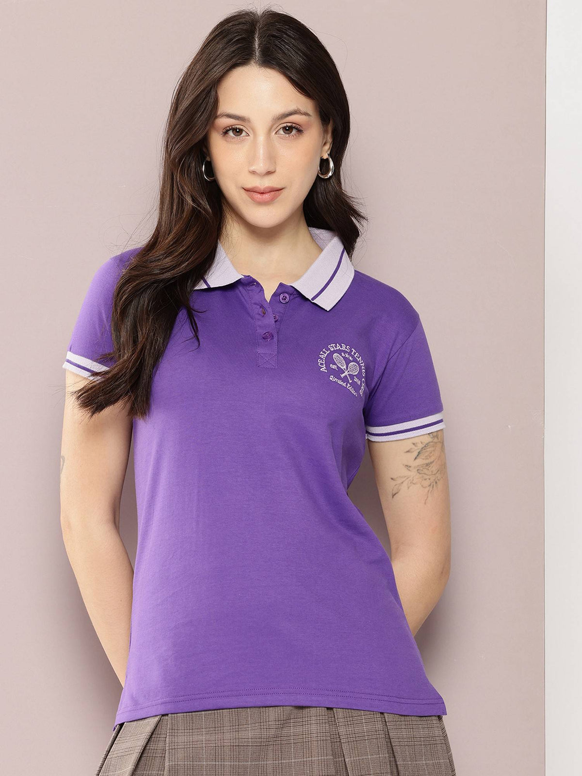 Women Regular Fit Plain Polo Lavender T-Shirt | PW43 - view 1