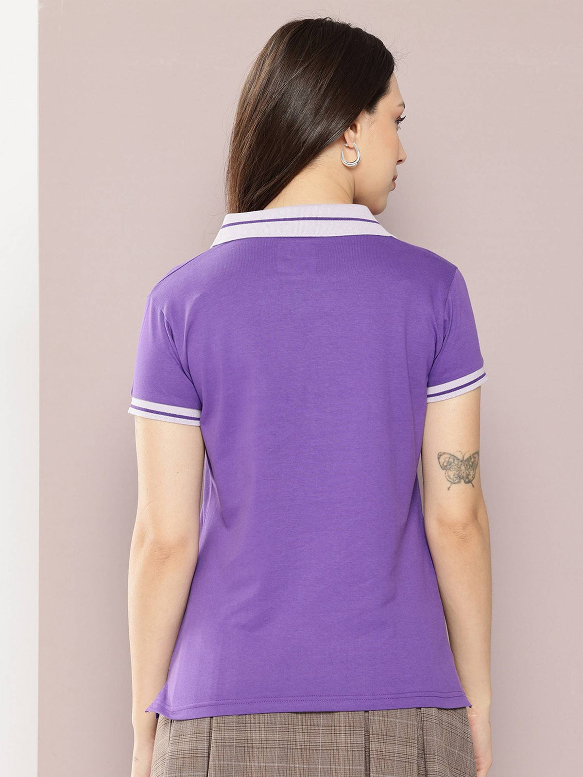 Women Regular Fit Plain Polo Lavender T-Shirt | PW43 - view 4