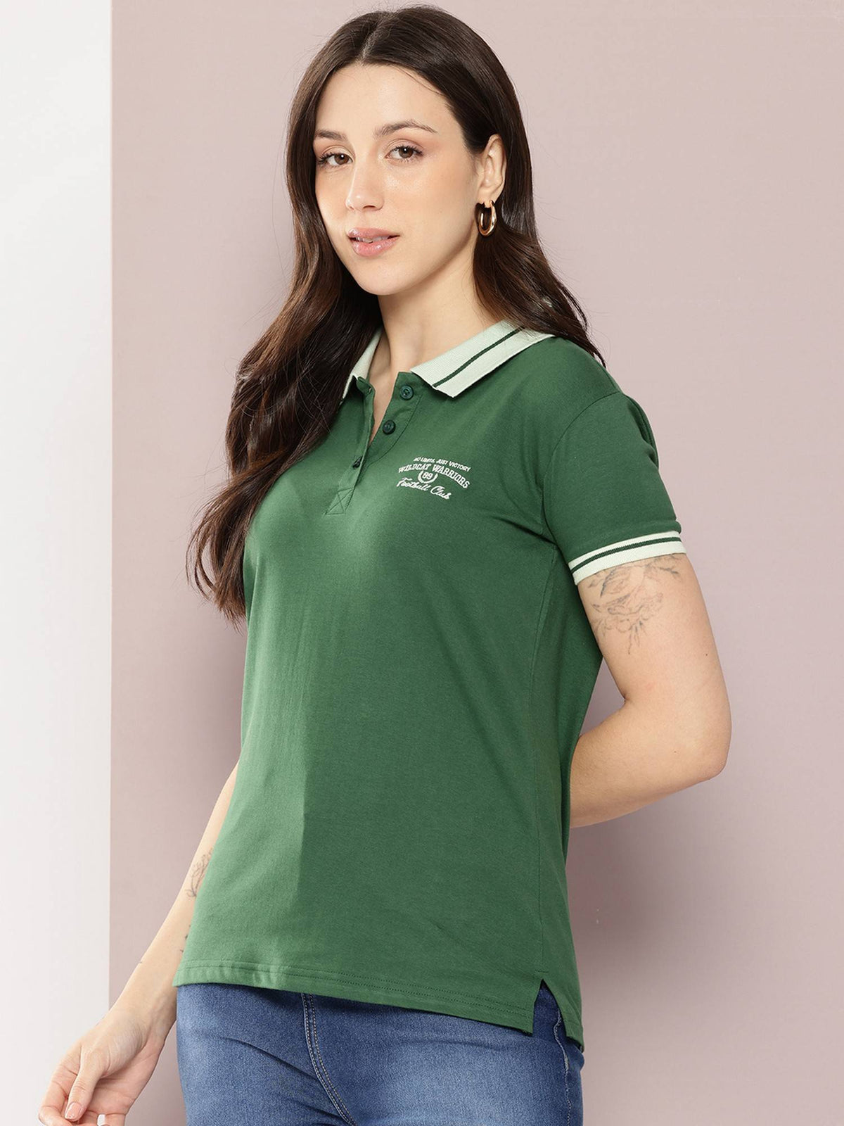 Women Regular Fit Plain Green Polo T-Shirt | PW43 - view 1