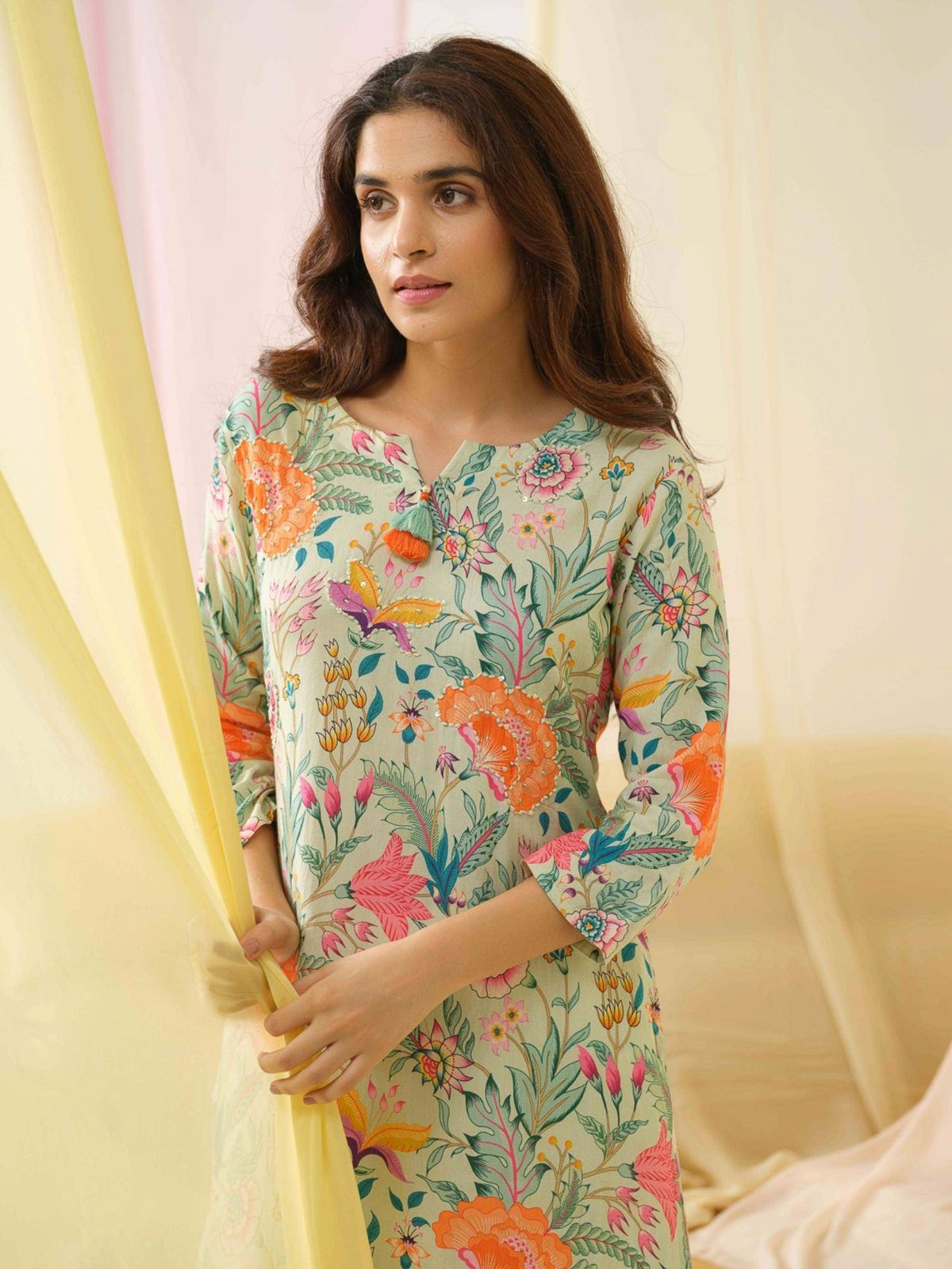 Rayon Embroidered & Sequinned with Floral Printed Green Kurta | KDG - view 2