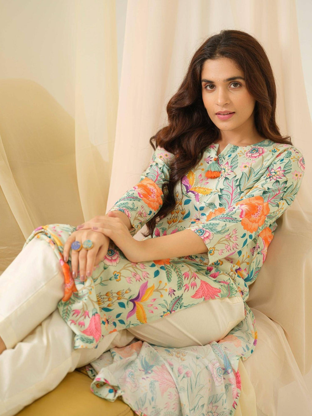 Rayon Embroidered & Sequinned with Floral Printed Green Kurta | KDG - view 5
