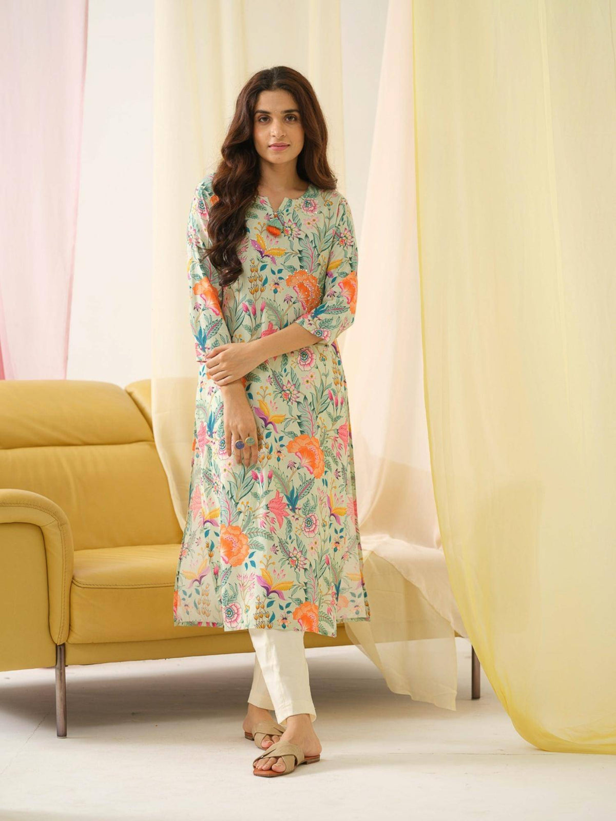 Rayon Embroidered & Sequinned with Floral Printed Green Kurta | FY93 - view 6