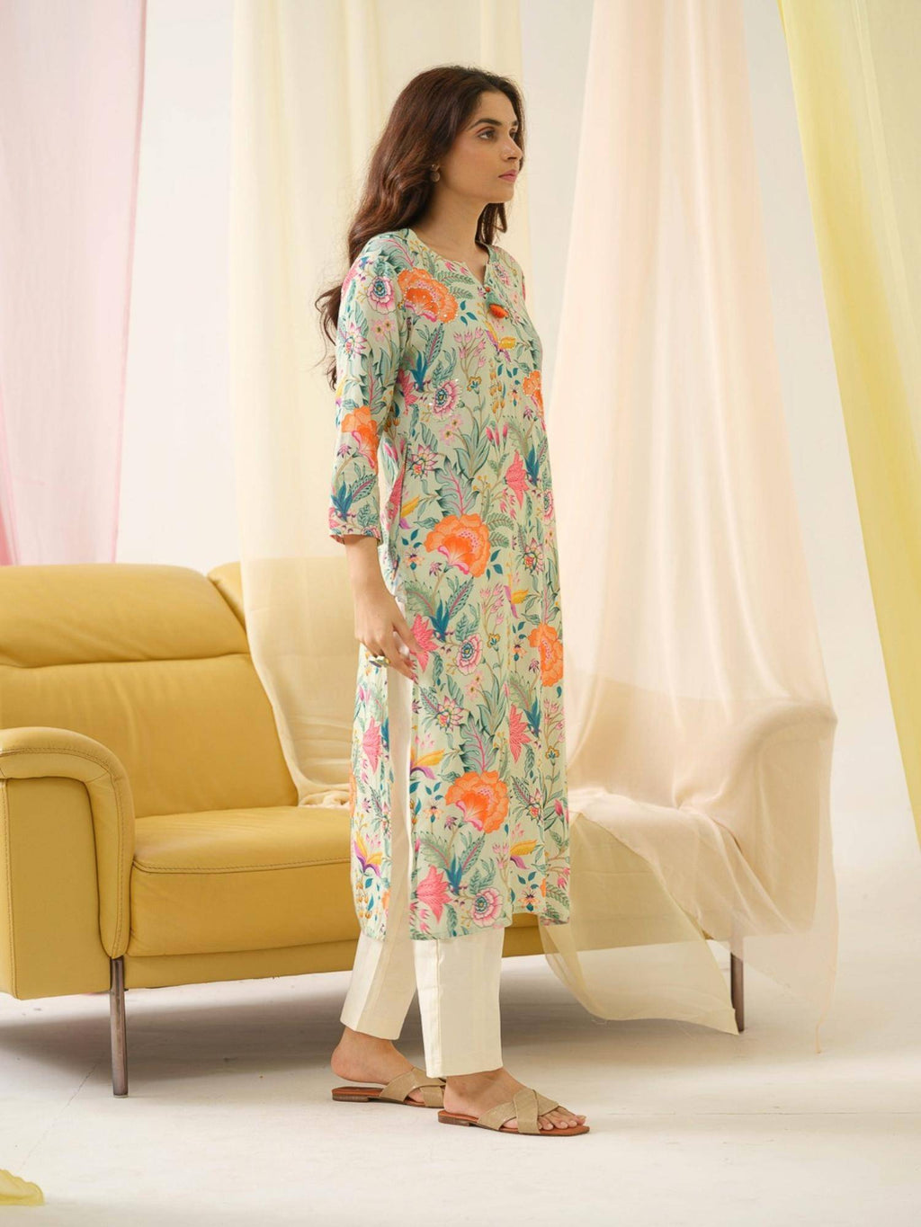 Rayon Embroidered & Sequinned with Floral Printed Green Kurta | FY93 - view 8