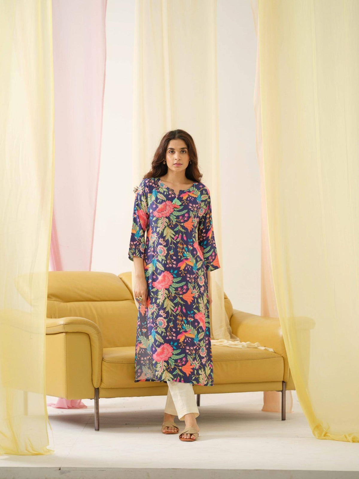Rayon Embroidered & Sequinned with Floral Printed Navy Blue Kurta | FY93 - view 1