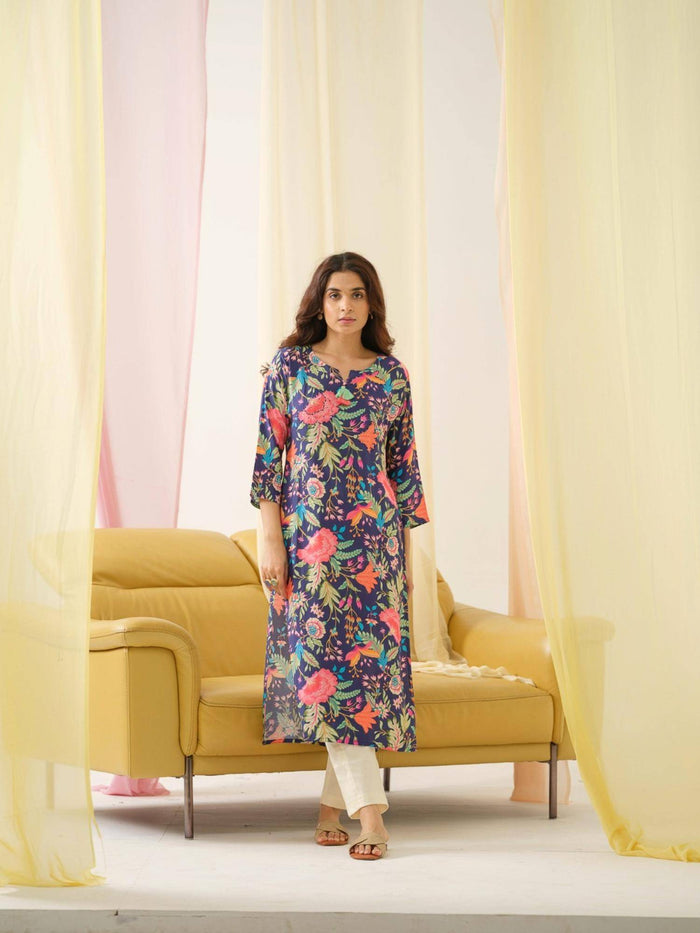 Rayon Embroidered & Sequinned with Floral Printed Navy Blue Kurta | FY93 - view 1