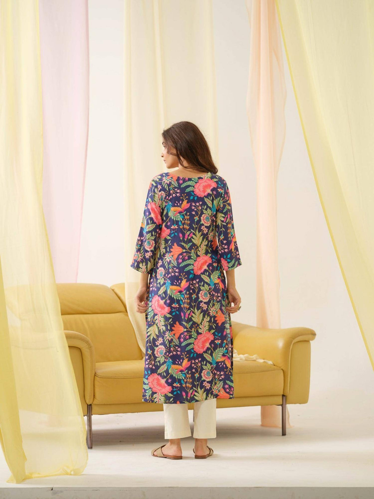 Rayon Embroidered & Sequinned with Floral Printed Navy Blue Kurta | U3S - view 3