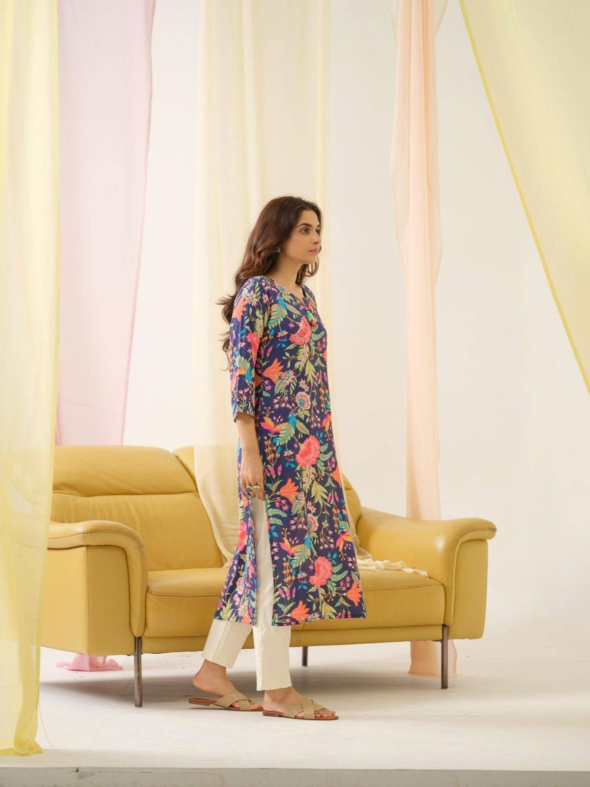 Rayon Embroidered & Sequinned with Floral Printed Navy Blue Kurta | U3S - view 4