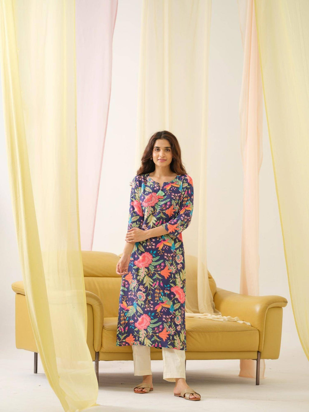Rayon Embroidered & Sequinned with Floral Printed Navy Blue Kurta | FY93 - view 5