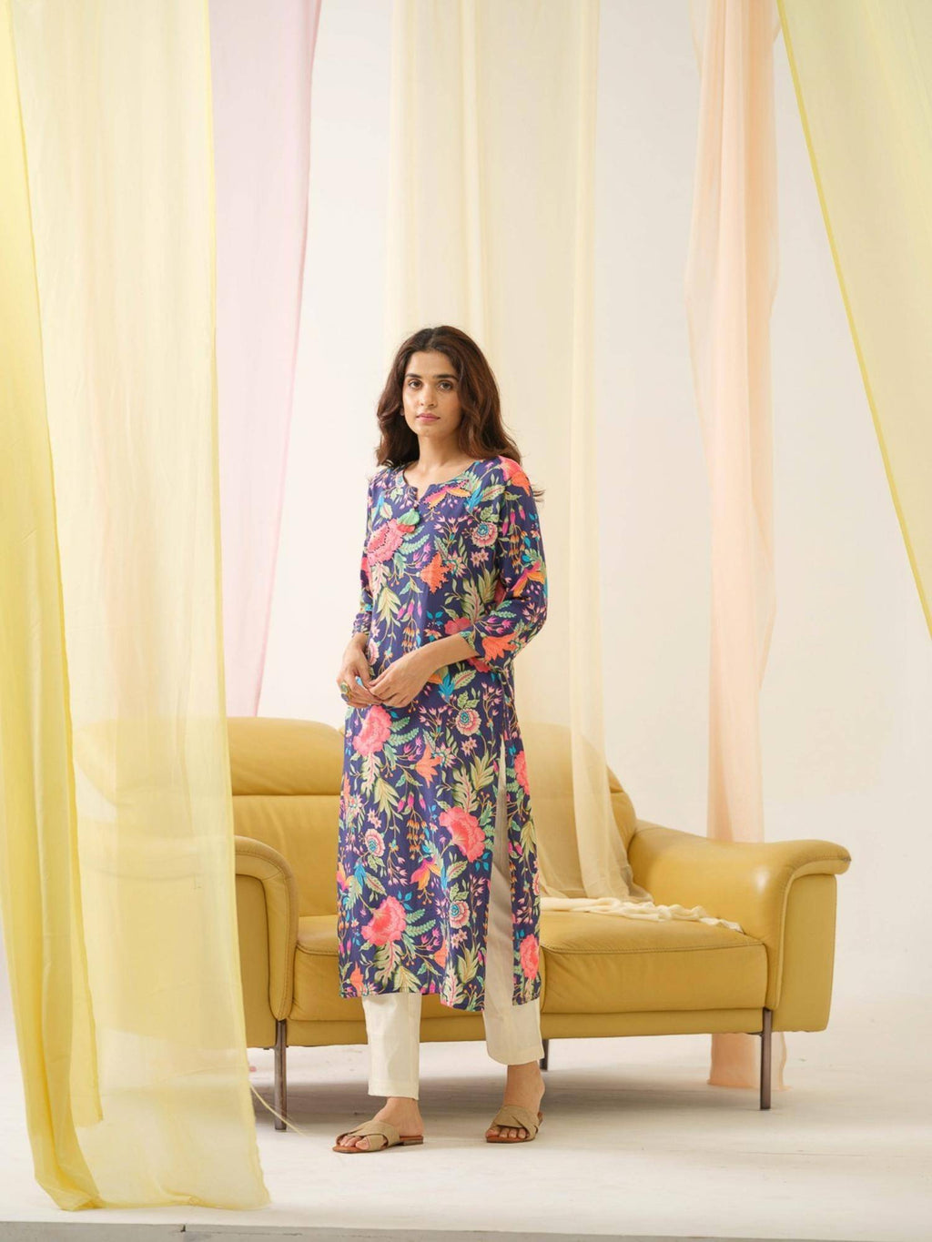 Rayon Embroidered & Sequinned with Floral Printed Navy Blue Kurta | U3S - view 6