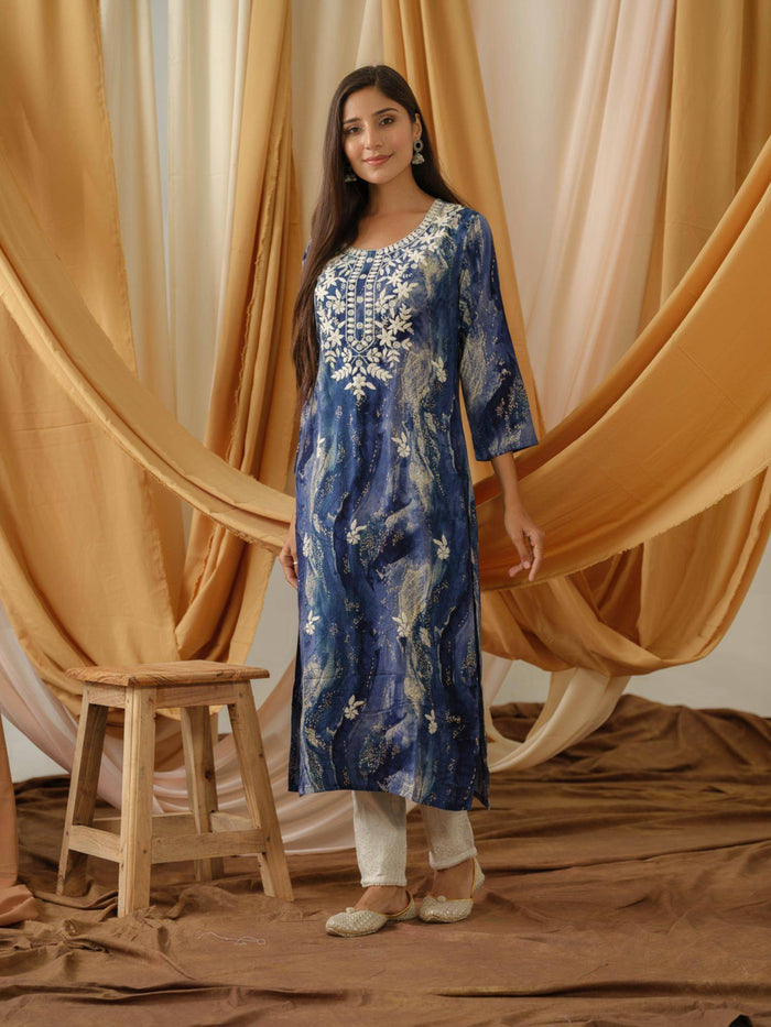 Rayon Yoke Floral Embroidered with Marble Effect Royal Blue Kurta | U3S - view 1