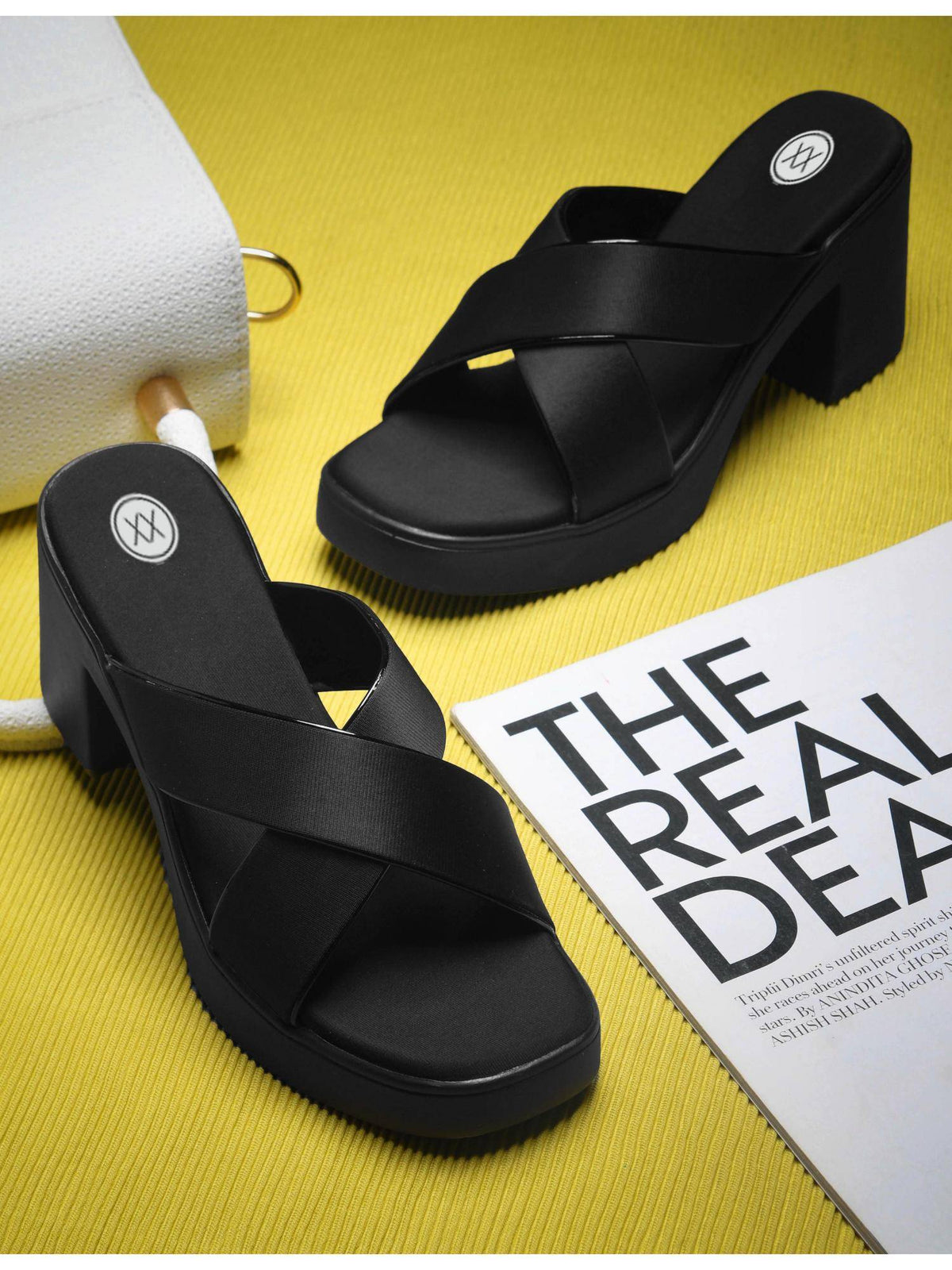 Womens Black Cross Strap Block Sandal Heels | H78 - view 1