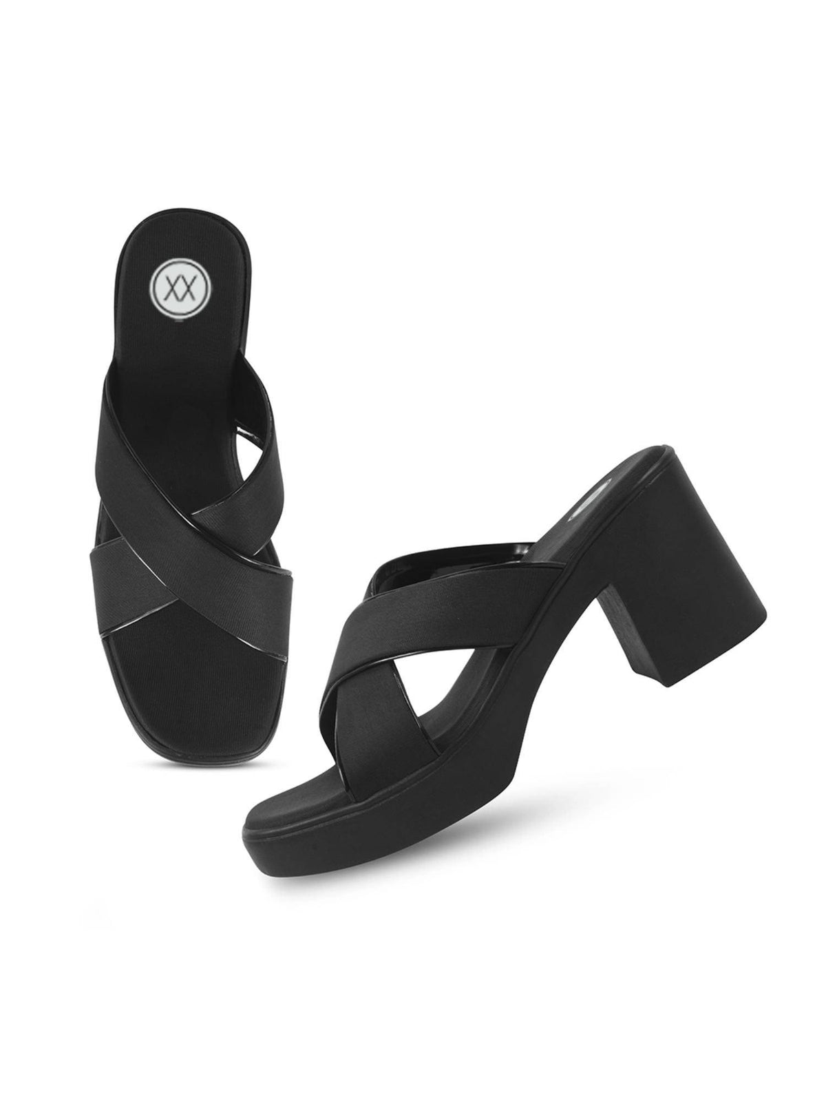 Womens Black Cross Strap Block Sandal Heels | H78 - view 8