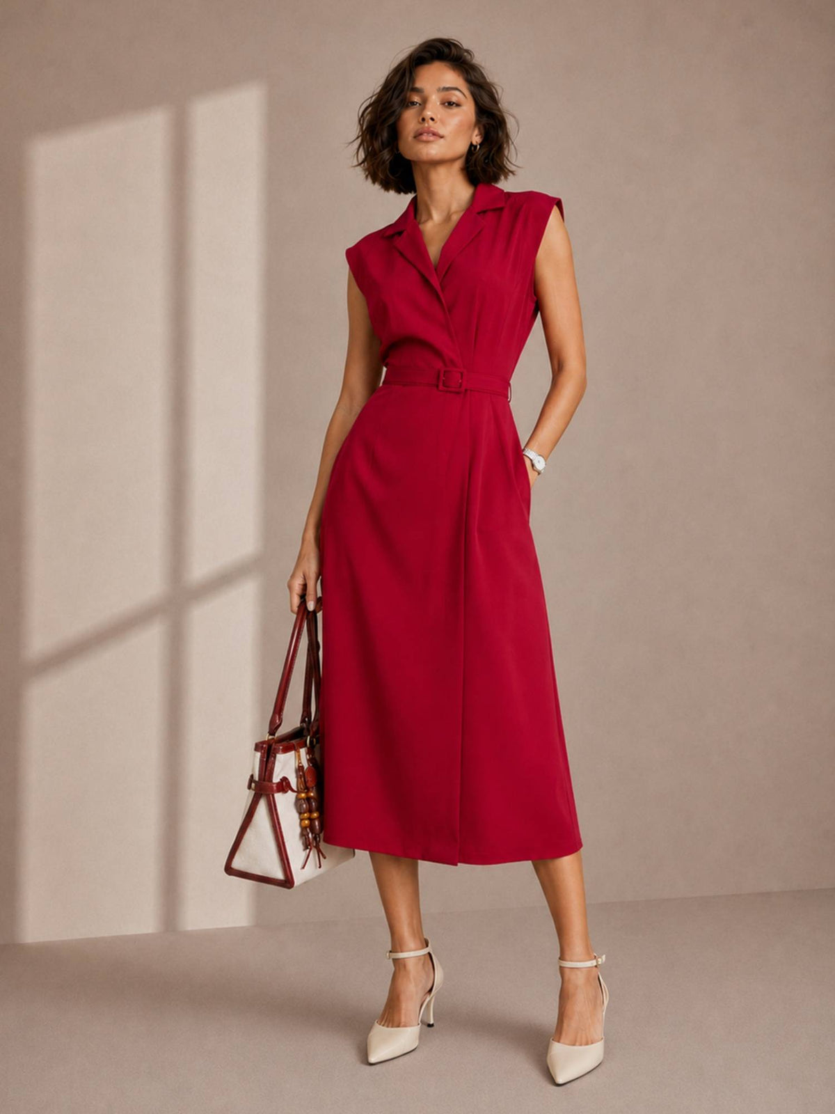 Women Red Solid Notched Neck Wrap Midi Dress with Belt | D56 - view 1