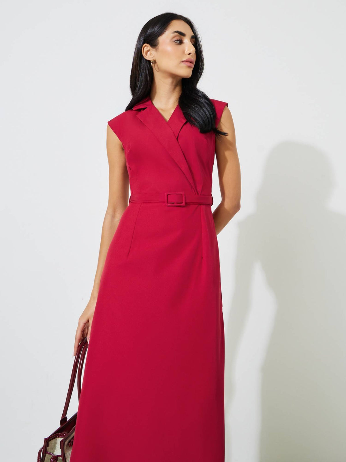 Women Red Solid Notched Neck Wrap Midi Dress with Belt | D56 - view 2
