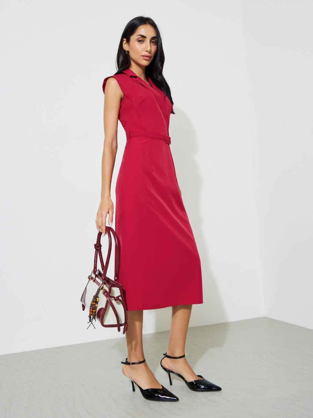 Women Red Solid Notched Neck Wrap Midi Dress with Belt | D56 - view 3