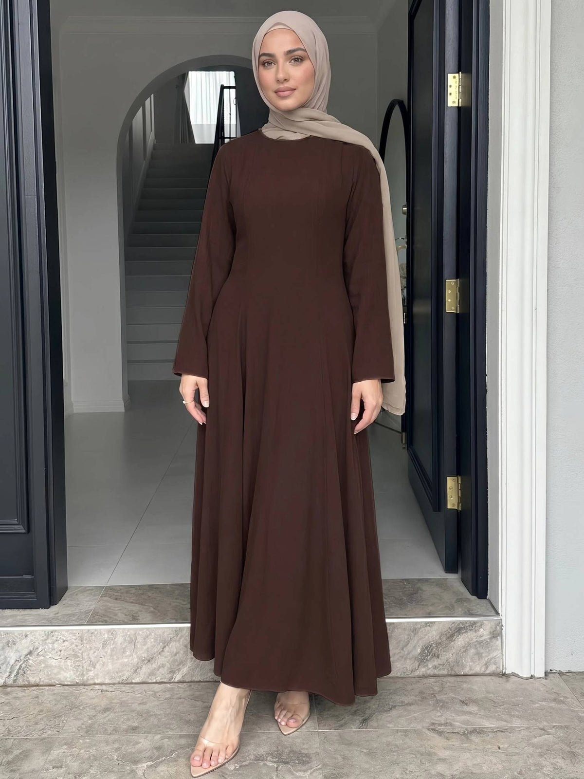 Women Brown Solid Round Neck Long Sleeves A Line Maxi Dress | D56 - view 1