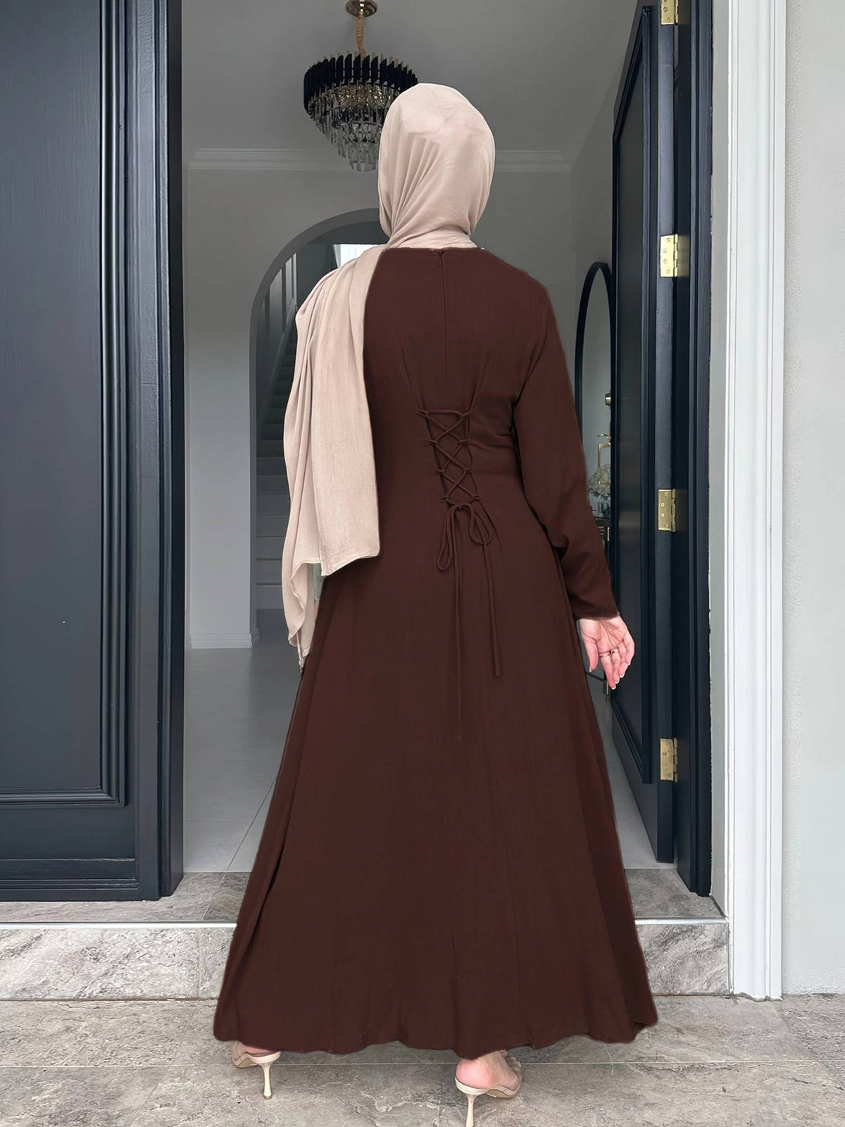 Women Brown Solid Round Neck Long Sleeves A Line Maxi Dress | D56 - view 2