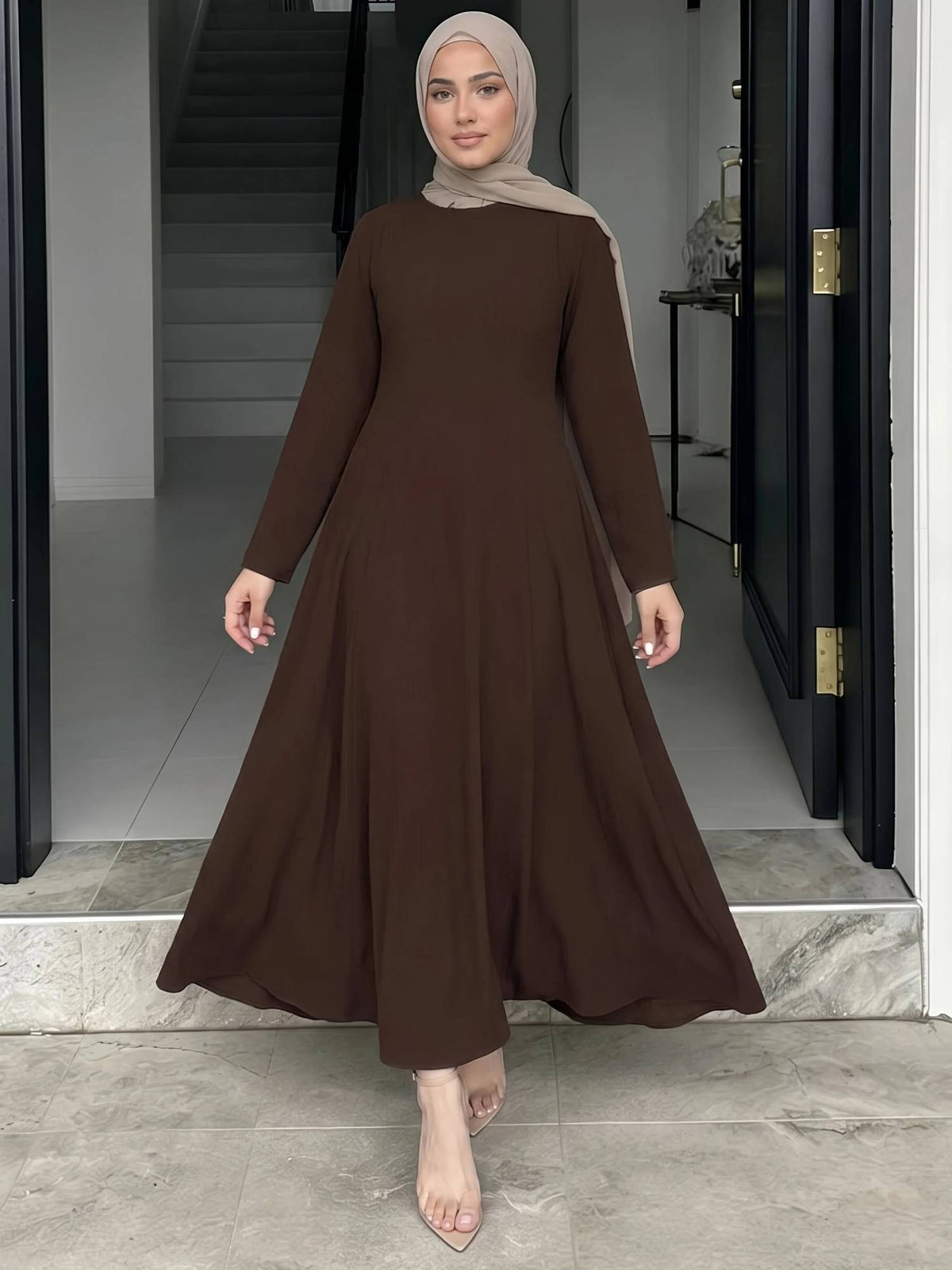 Women Brown Solid Round Neck Long Sleeves A Line Maxi Dress | D56 - view 3