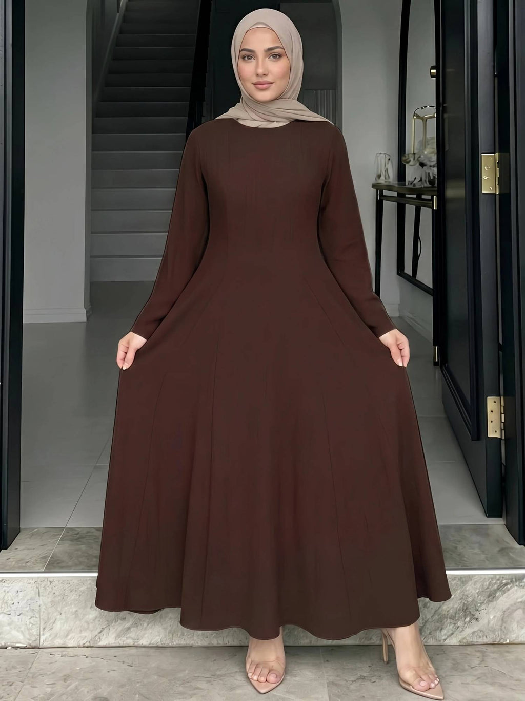 Women Brown Solid Round Neck Long Sleeves A Line Maxi Dress | D56 - view 4