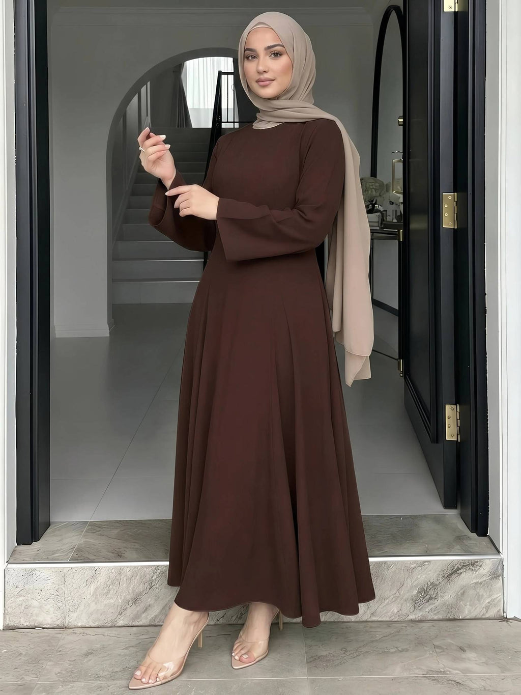 Women Brown Solid Round Neck Long Sleeves A Line Maxi Dress | D56 - view 5