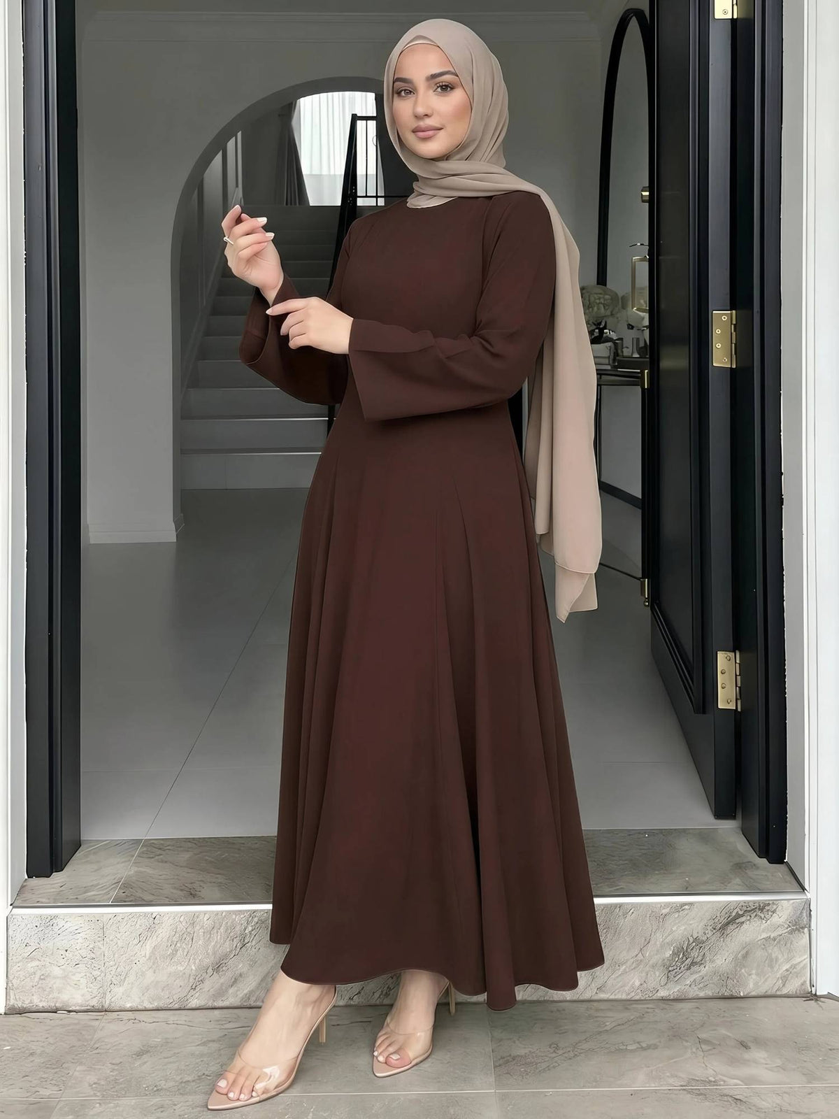 Women Brown Solid Round Neck Long Sleeves A Line Maxi Dress | D56 - view 5
