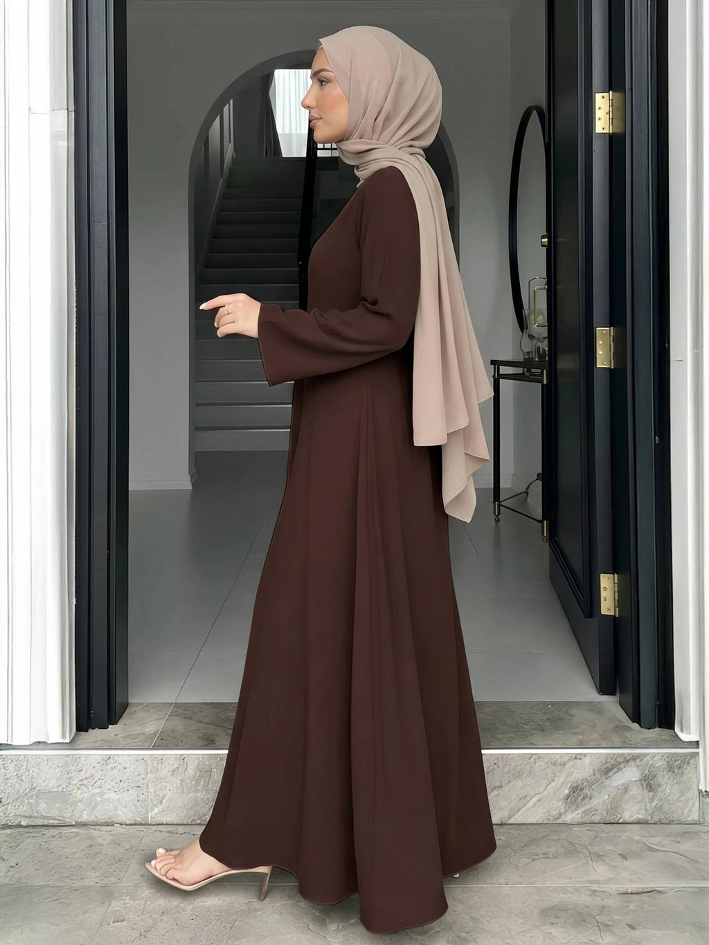 Women Brown Solid Round Neck Long Sleeves A Line Maxi Dress | D56 - view 6