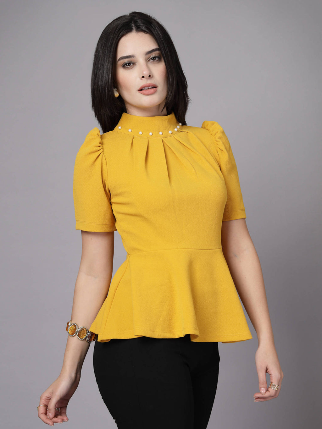 Mustard Yellow High Neck Peplum Embellished Top | pt51 - view 1
