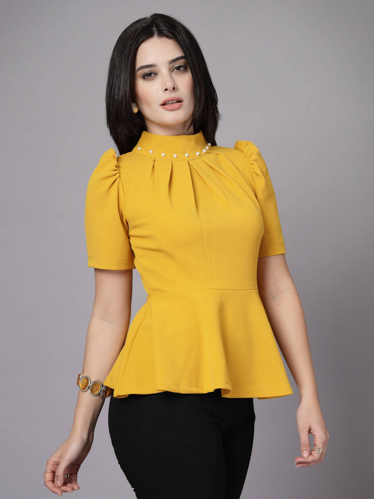 Mustard Yellow High Neck Peplum Embellished Top | pt51 - view 1