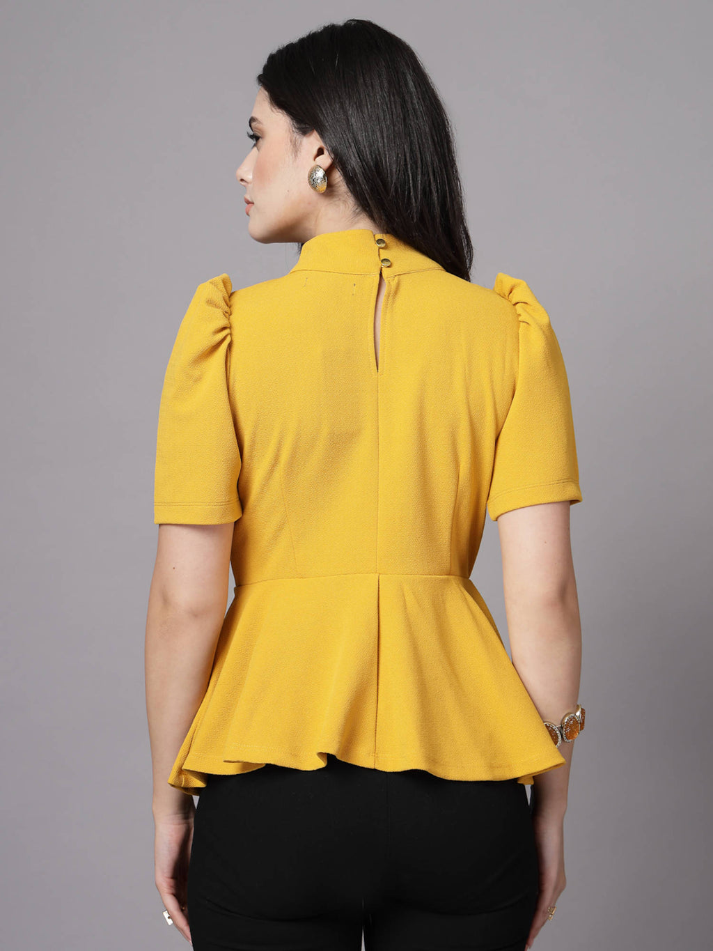 Mustard Yellow High Neck Peplum Embellished Top | pt51 - view 2