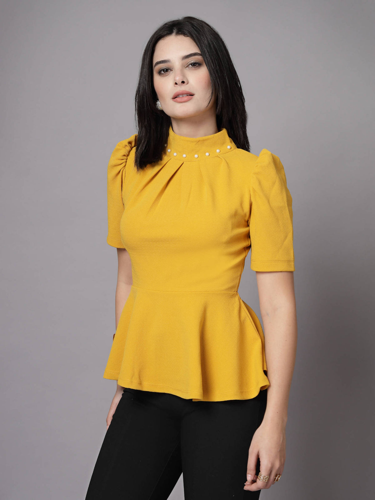 Mustard Yellow High Neck Peplum Embellished Top | pt51 - view 3