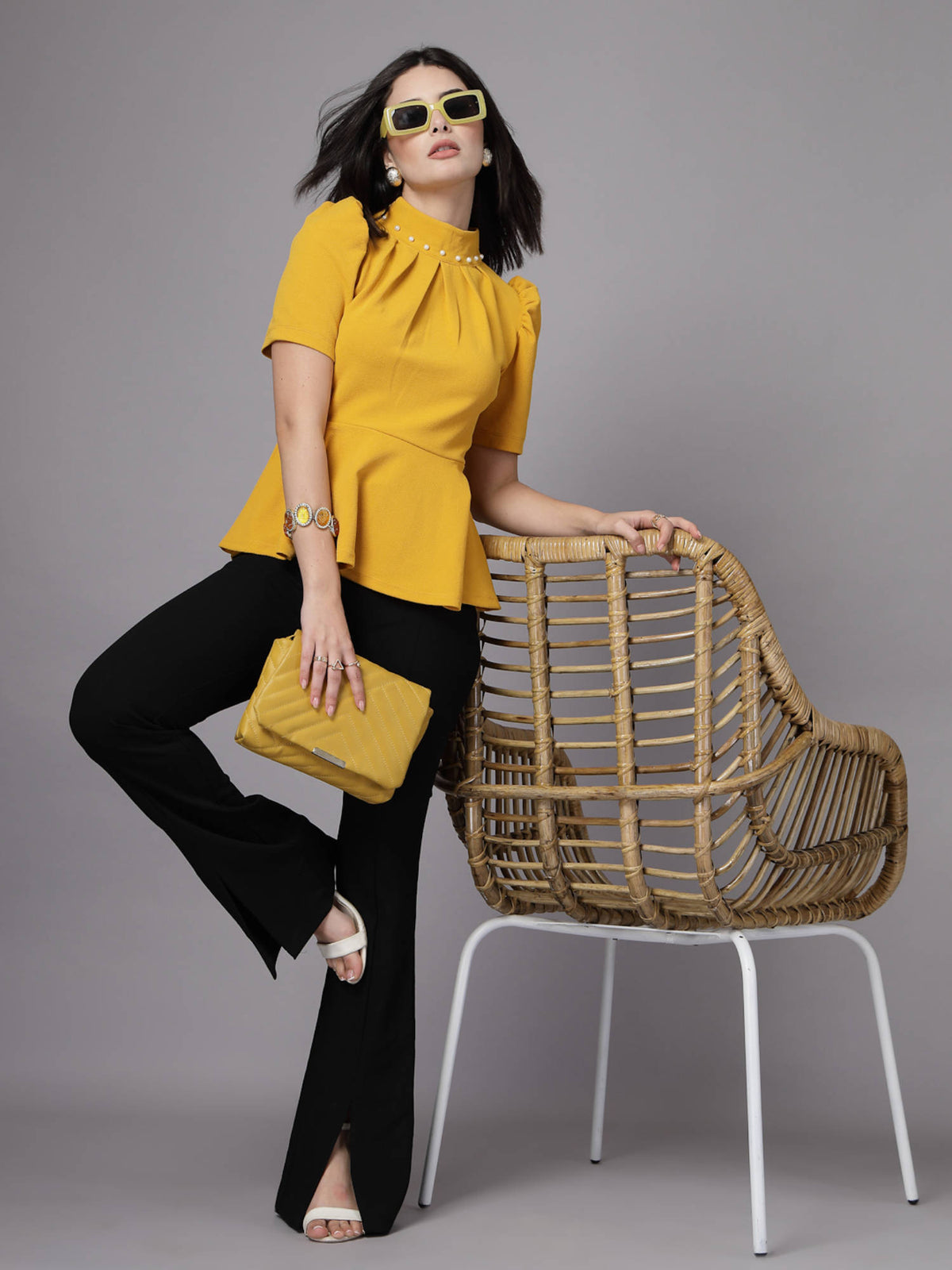 Mustard Yellow High Neck Peplum Embellished Top | pt51 - view 5