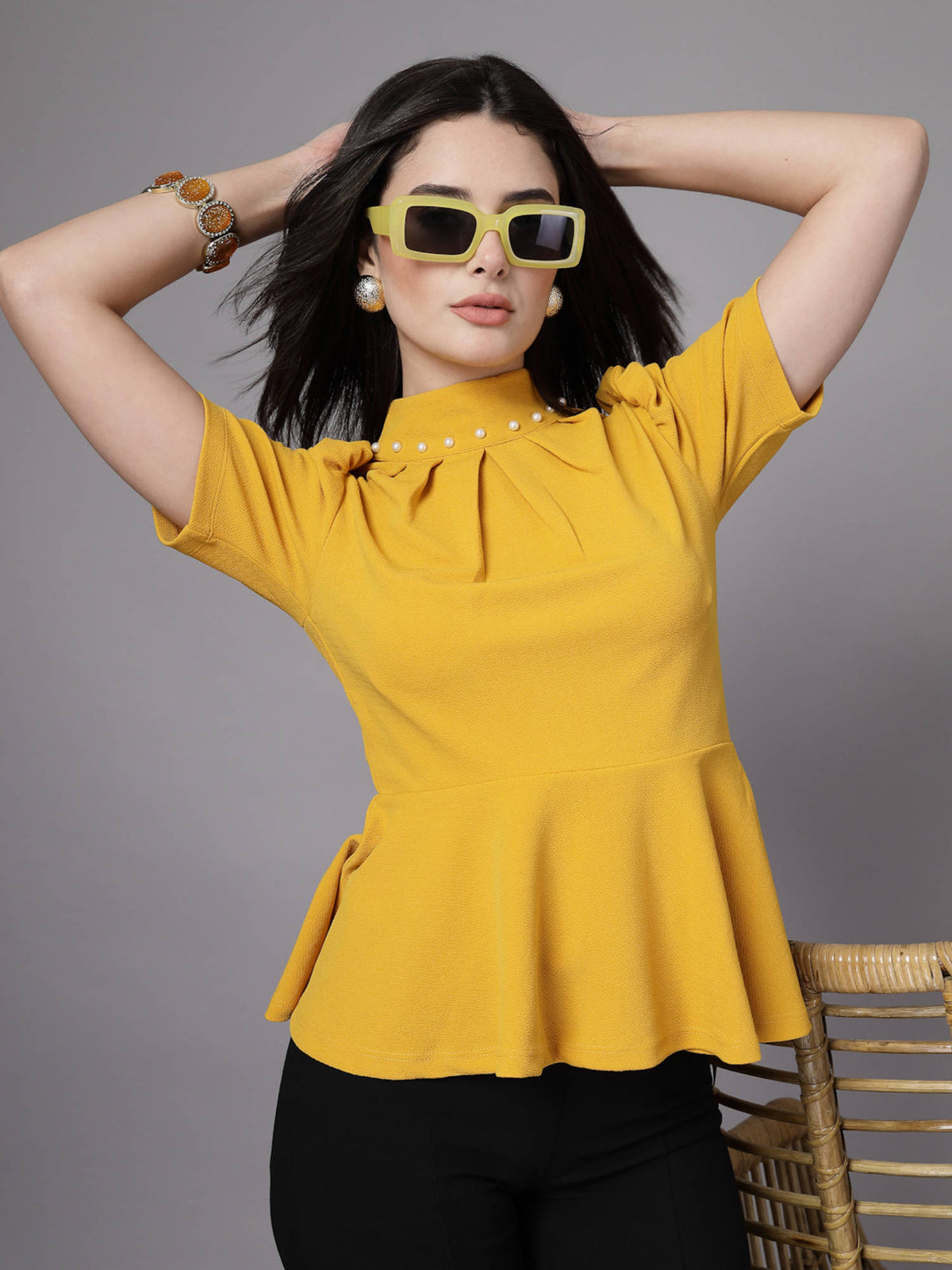 Mustard Yellow High Neck Peplum Embellished Top | pt51 - view 6