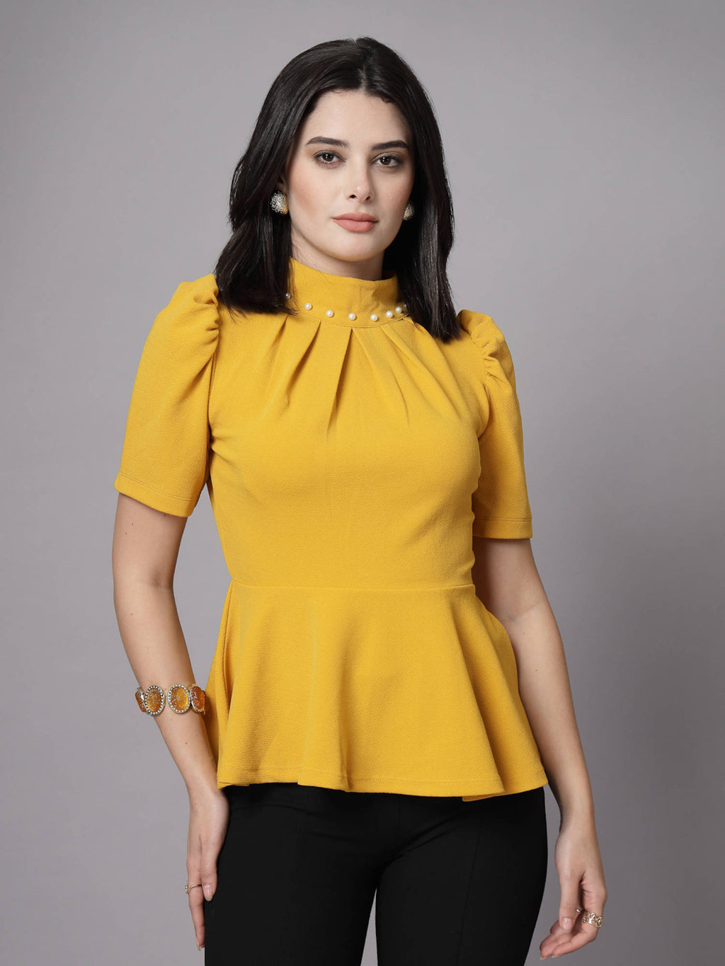 Mustard Yellow High Neck Peplum Embellished Top | pt51 - view 7