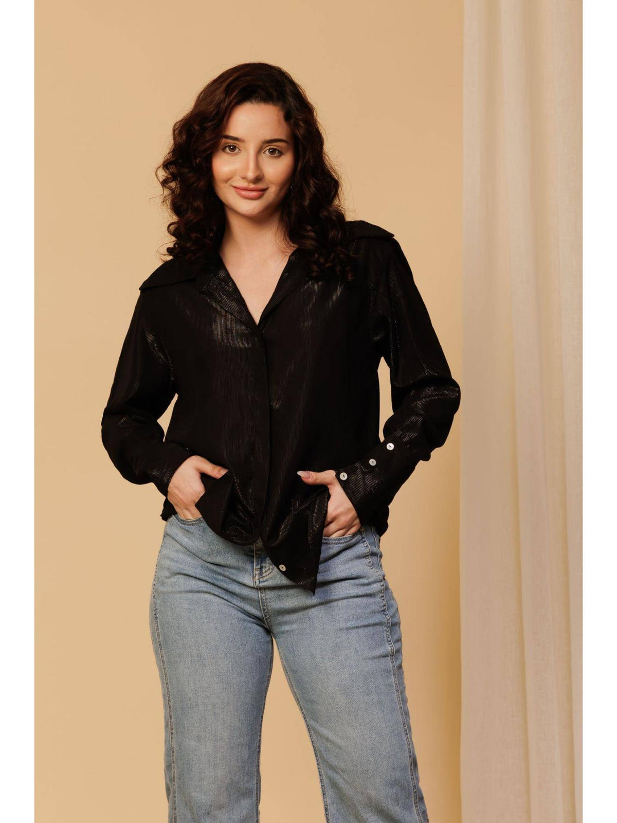 Women Black Embellished Casual Shimmer Shirt | S67 - view 1