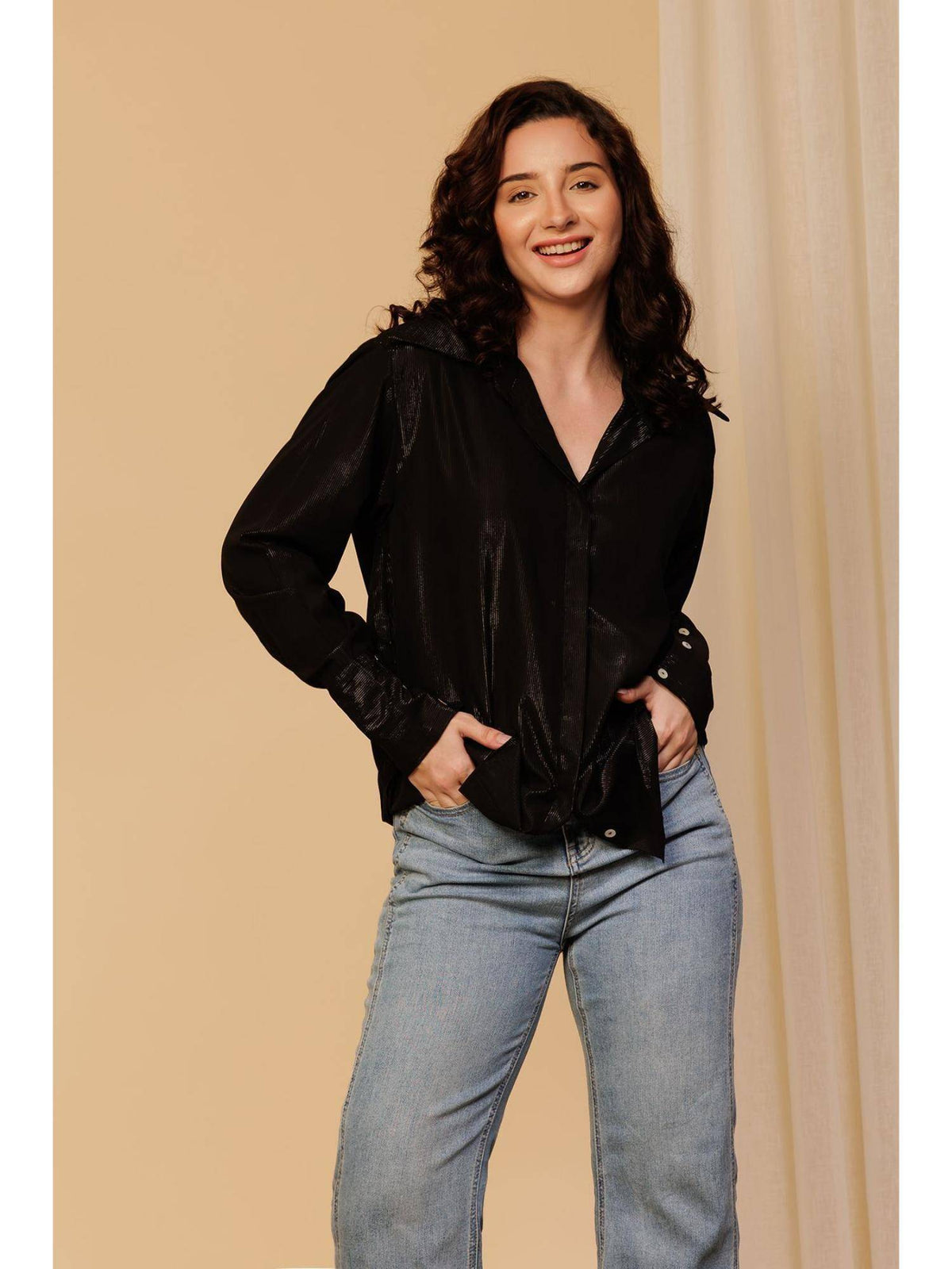 Women Black Embellished Casual Shimmer Shirt | S67 - view 3