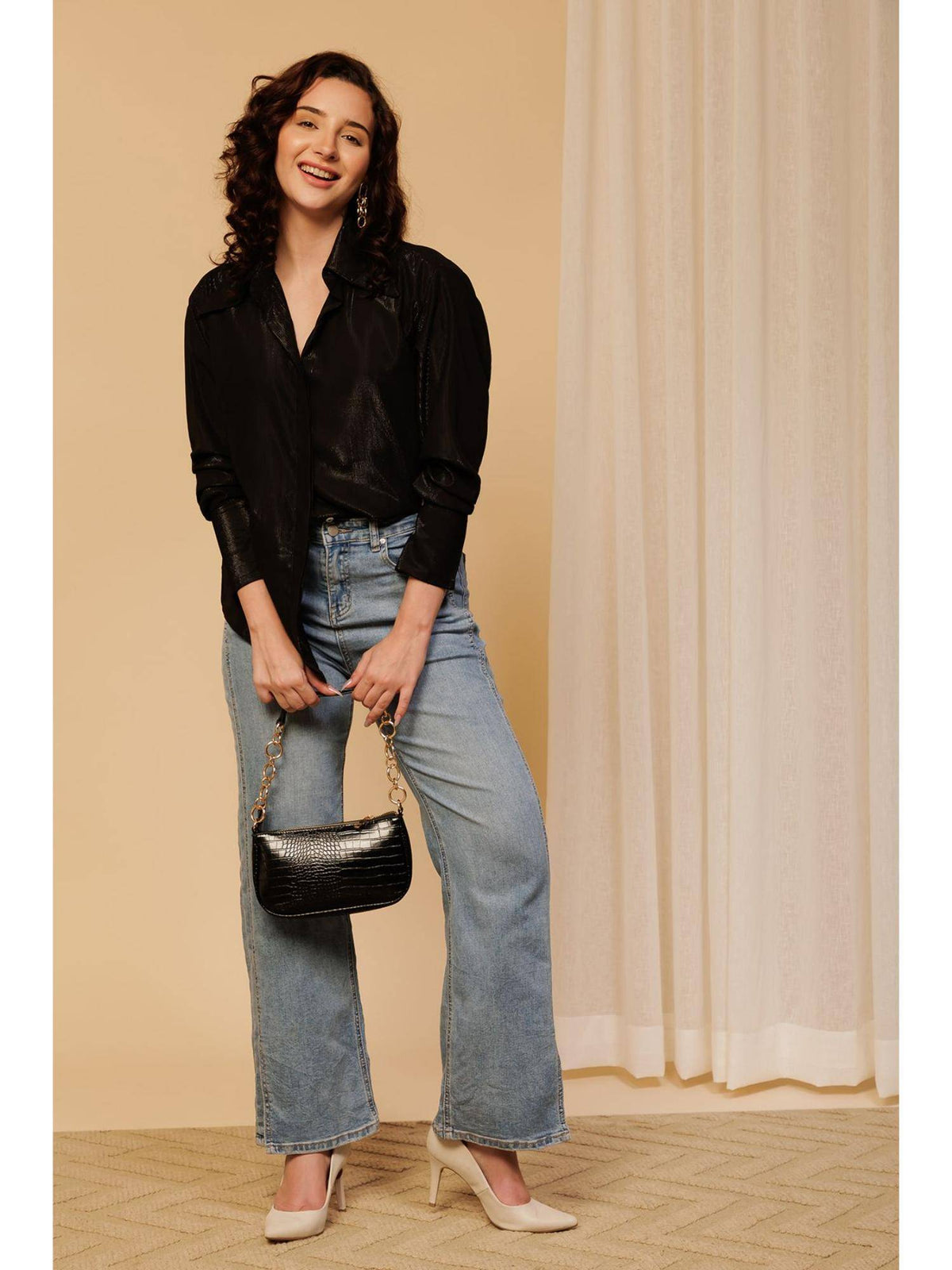 Women Black Embellished Casual Shimmer Shirt | S67 - view 4